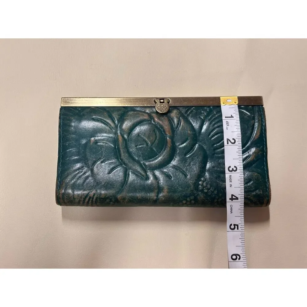 Patricia Nash Italian Leather Womens Floral Flower Hand Clutch Purse Dk Green